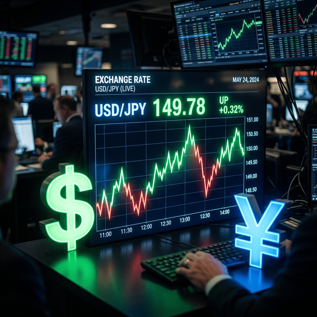 Dollar and yen symbols with shifting exchange graph