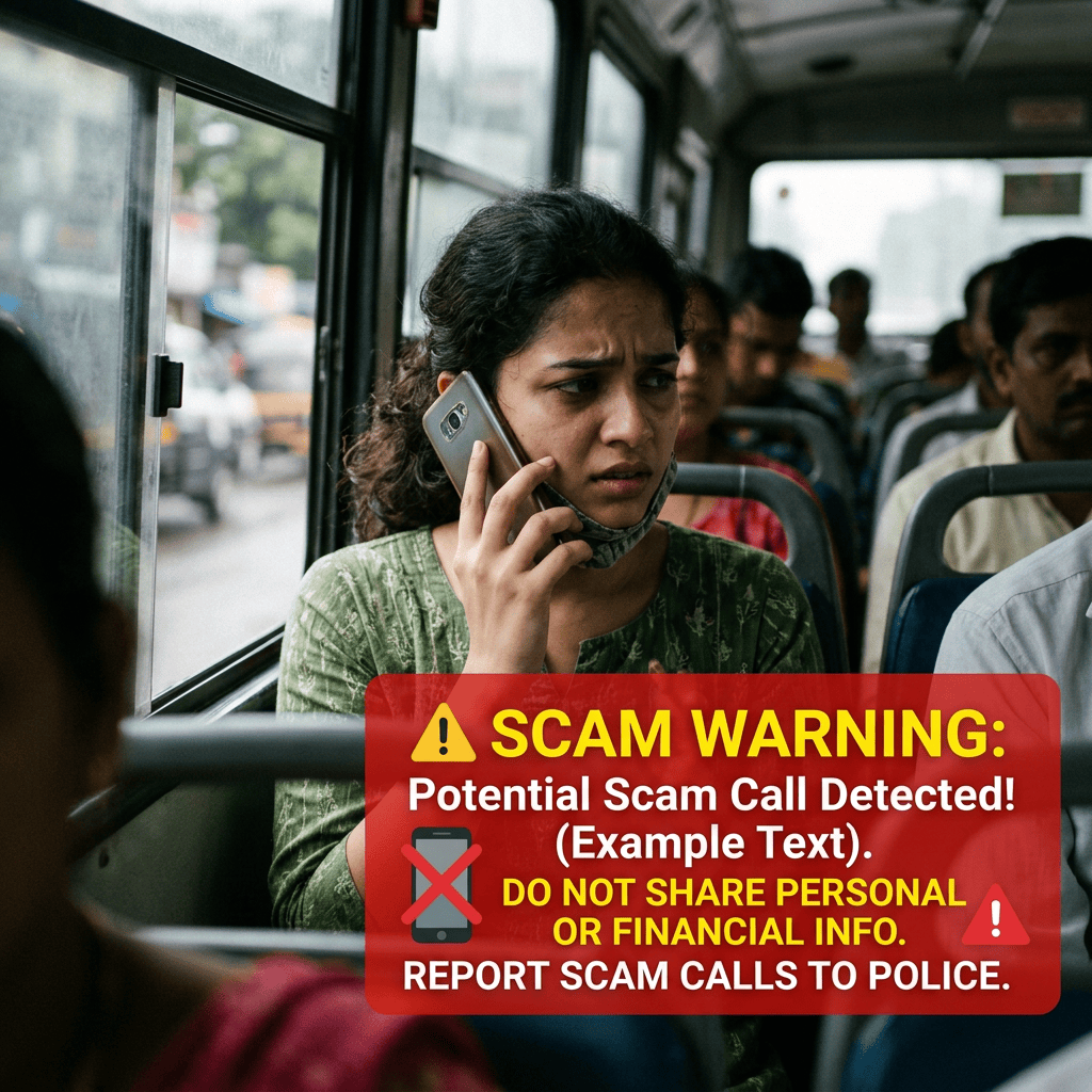 Person on phone with scam warning overlay