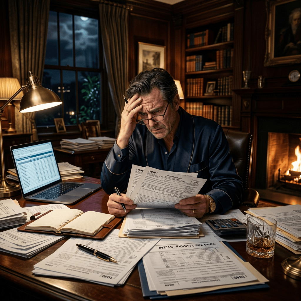 Wealthy person worried reviewing tax documents at night