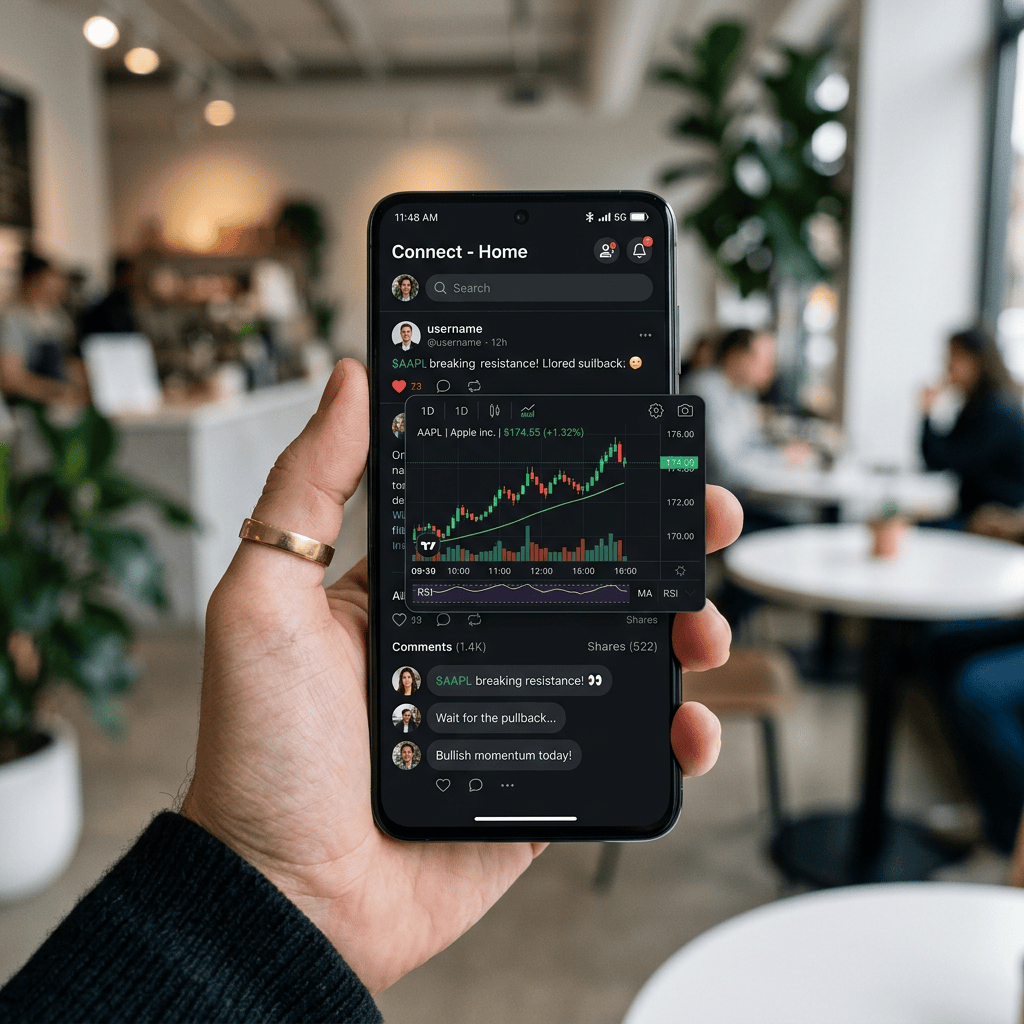 Smartphone displaying social app with stock charts overlay