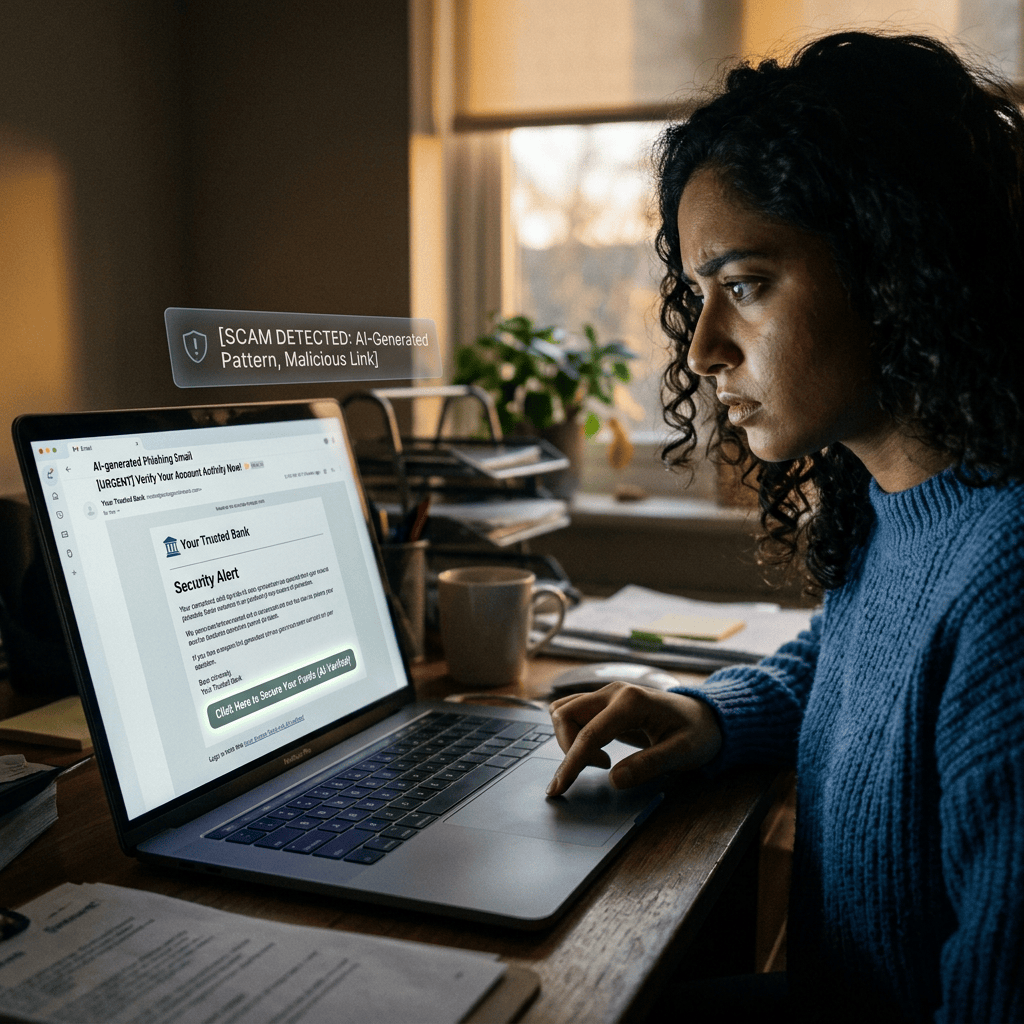 Person facing AI phishing scam on laptop