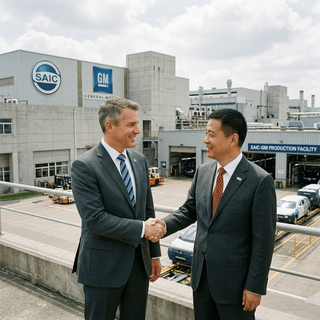GM and SAIC executives shaking hands with factory backdrop