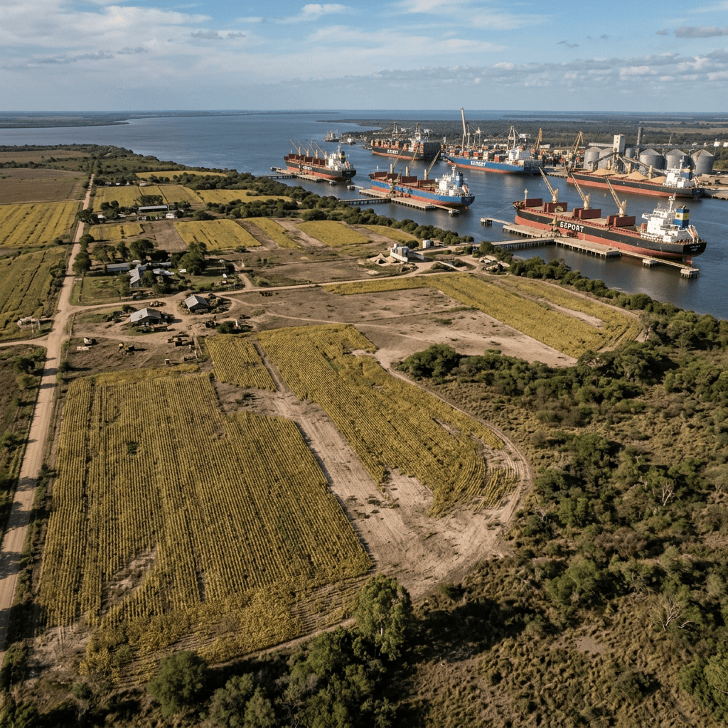 Port with multiple cargo ships docked next to farmland and rural houses