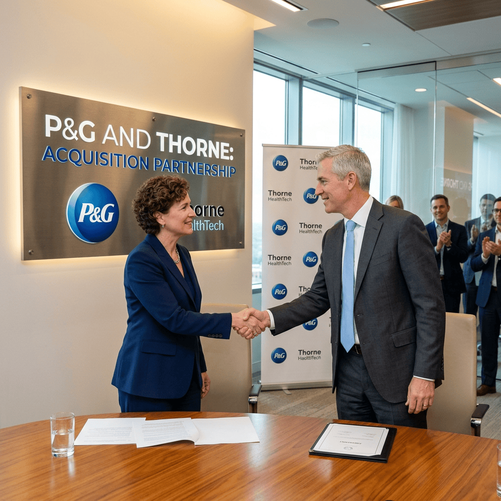 Two executives shaking hands at a meeting table with P&G and Thorne logos in background