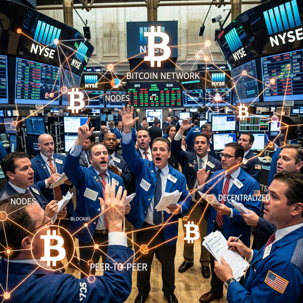 Wall Street traders overlaid with Bitcoin network