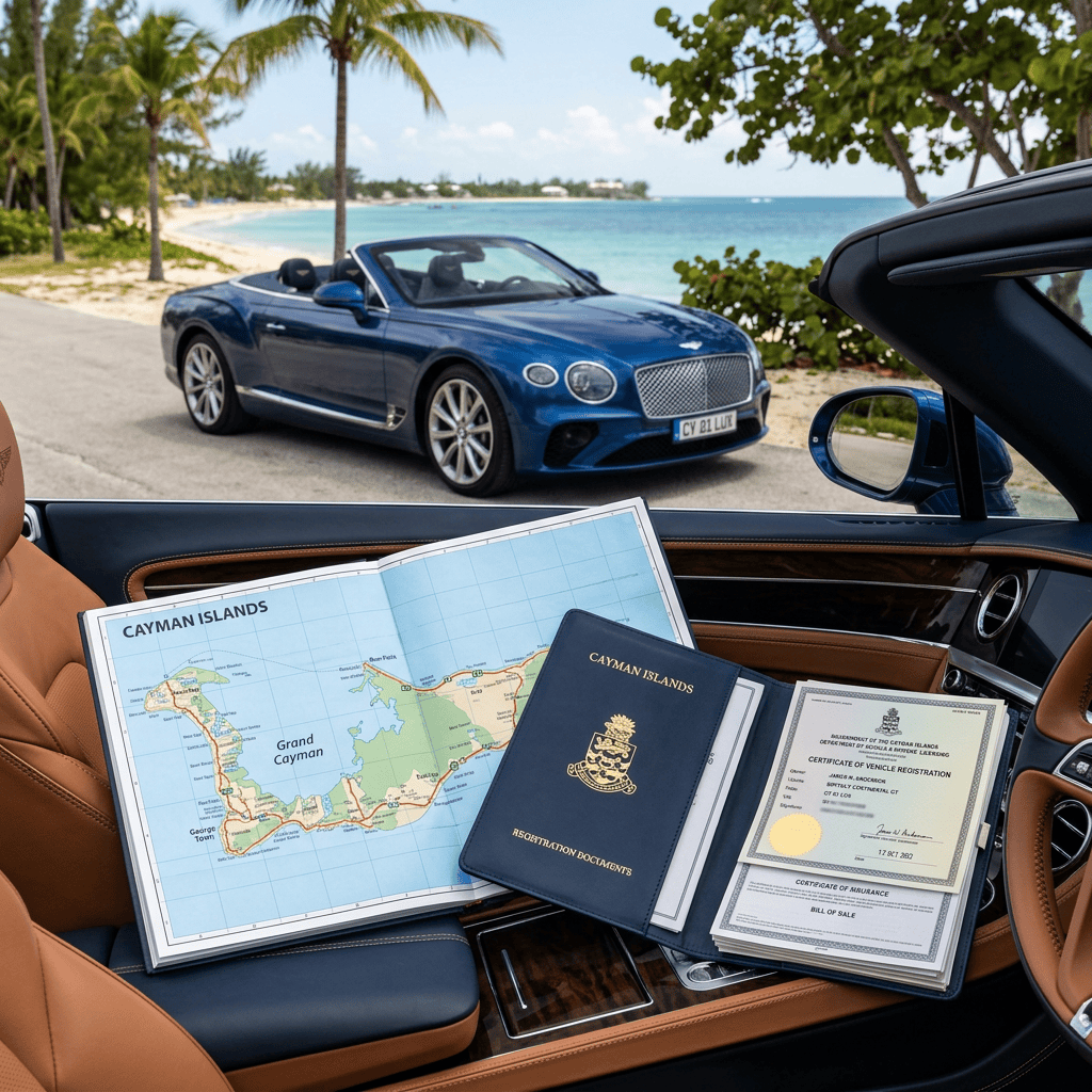 Luxury car with legal documents and Cayman map