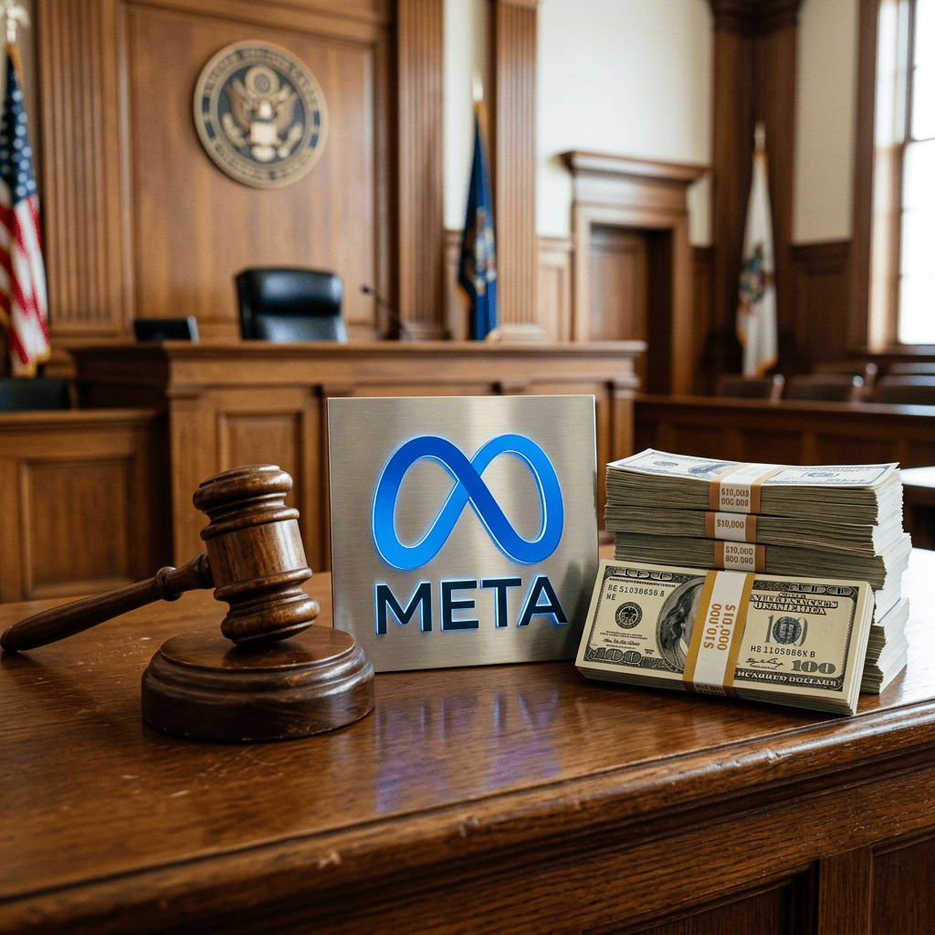 Judge's gavel, Meta logo sign, and stacks of US hundred-dollar bills on courtroom table