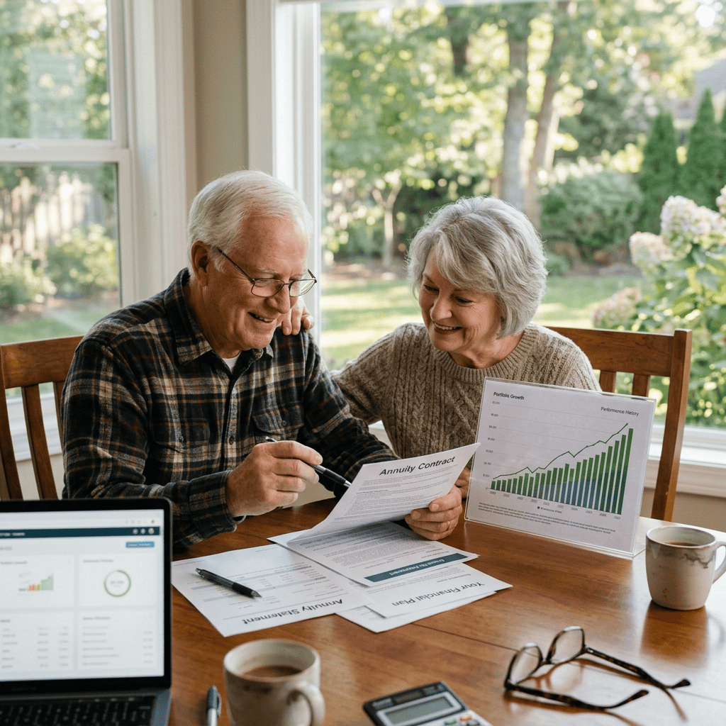Senior couple reviewing annuity contract and portfolio growth documents