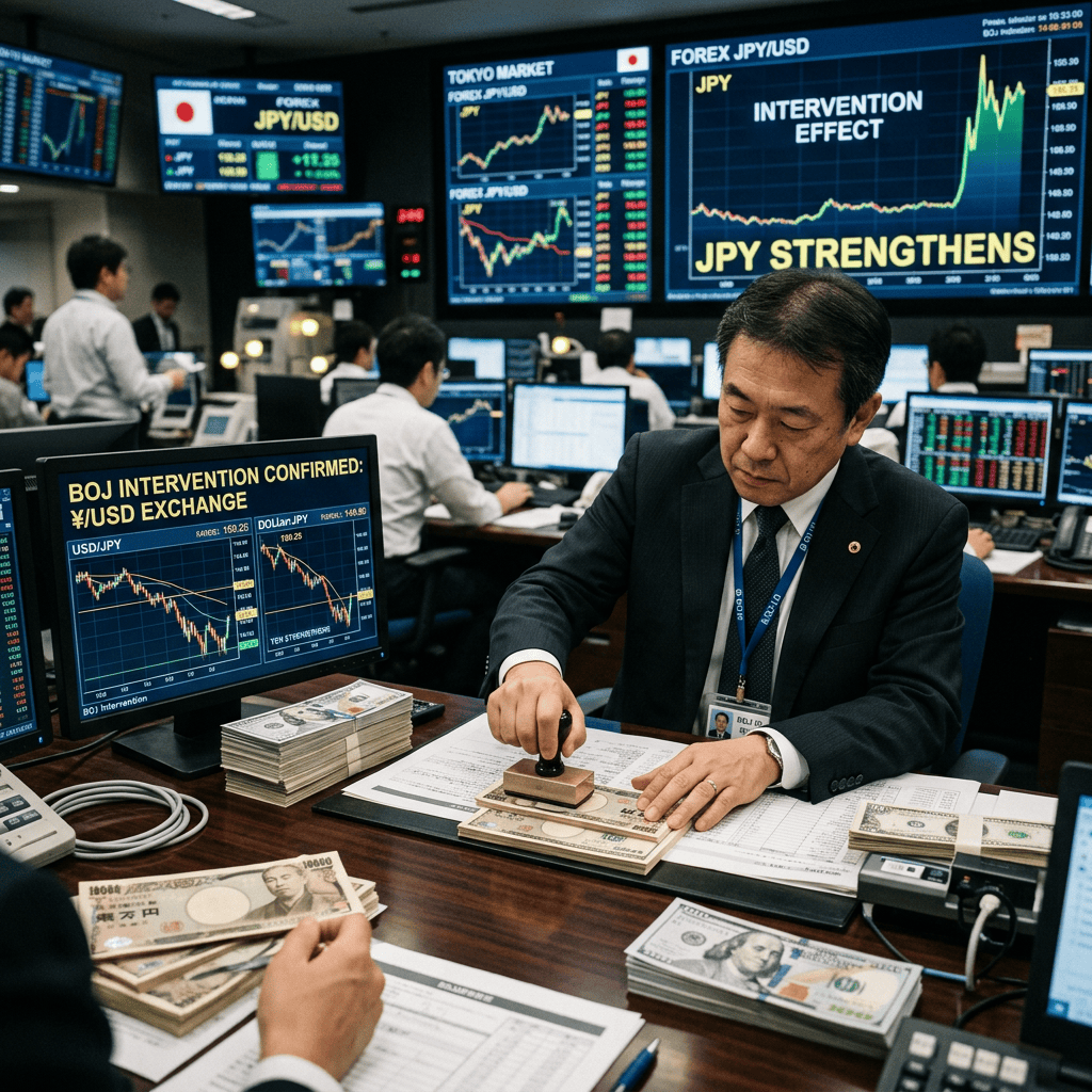 Trader stamping Japanese yen banknotes in a busy forex trading room with currency exchange charts