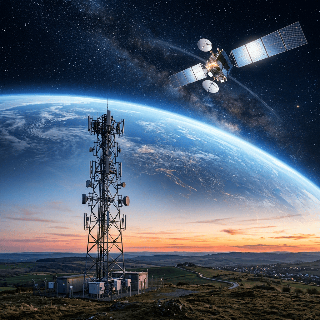 Satellite in space communicating with telecommunications tower on Earth at sunset
