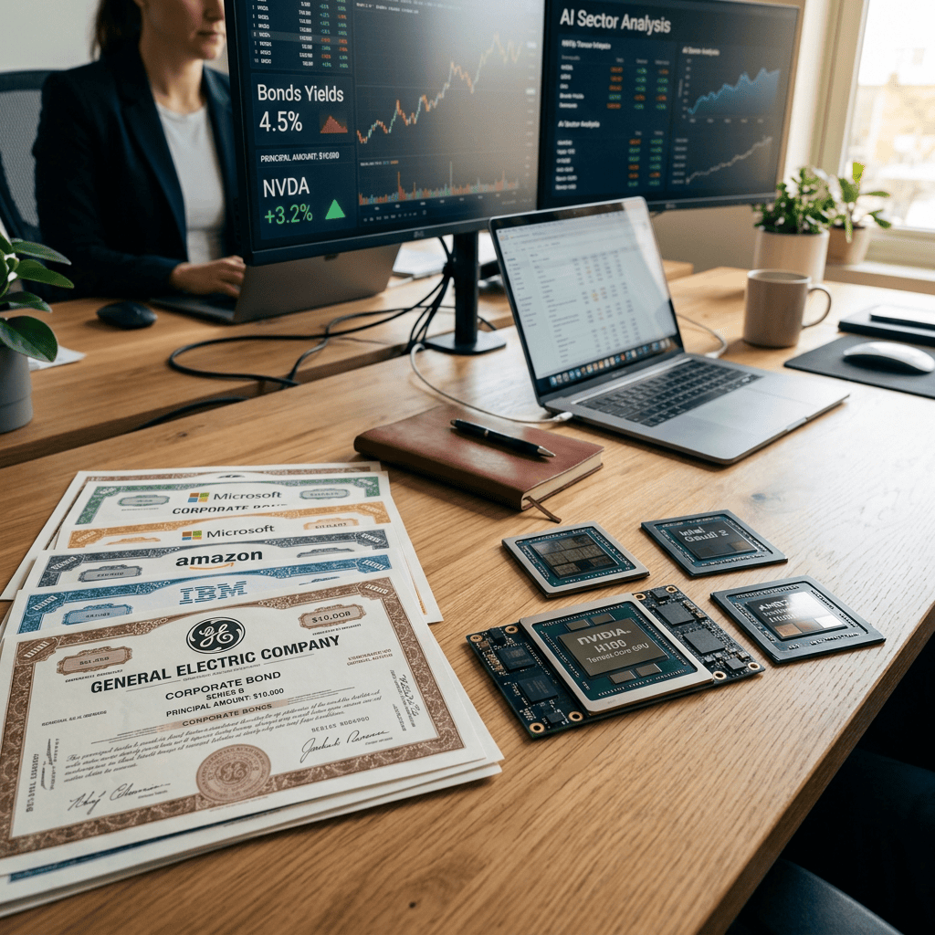 Corporate bonds and AI chips on desk