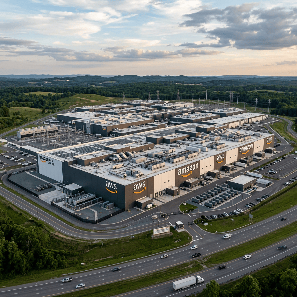 Amazon AWS data center building with multiple sections and parking areas