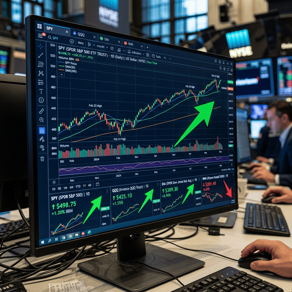 Stock market trading charts on a computer screen showing SPY, QQQ, DIA, and IWM performance
