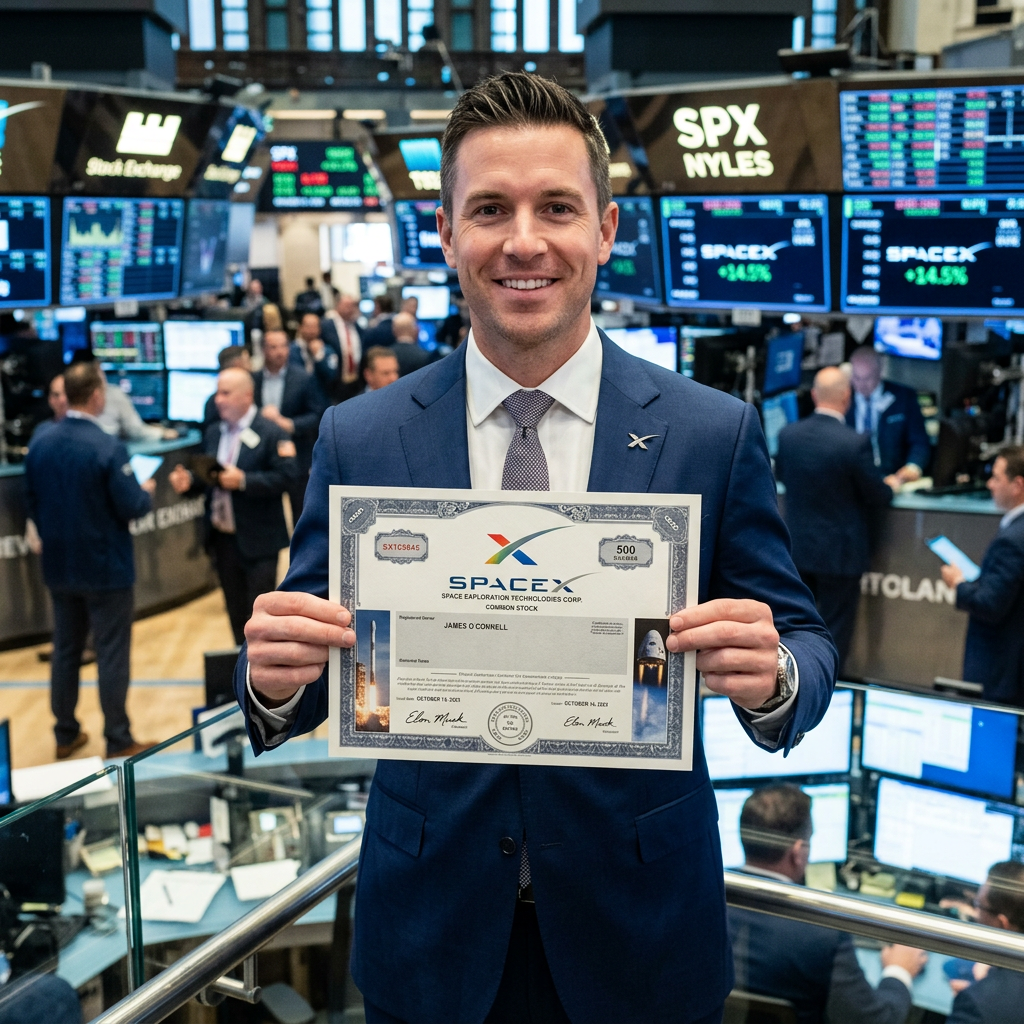 Man holding a SpaceX stock certificate inside the New York Stock Exchange trading floor