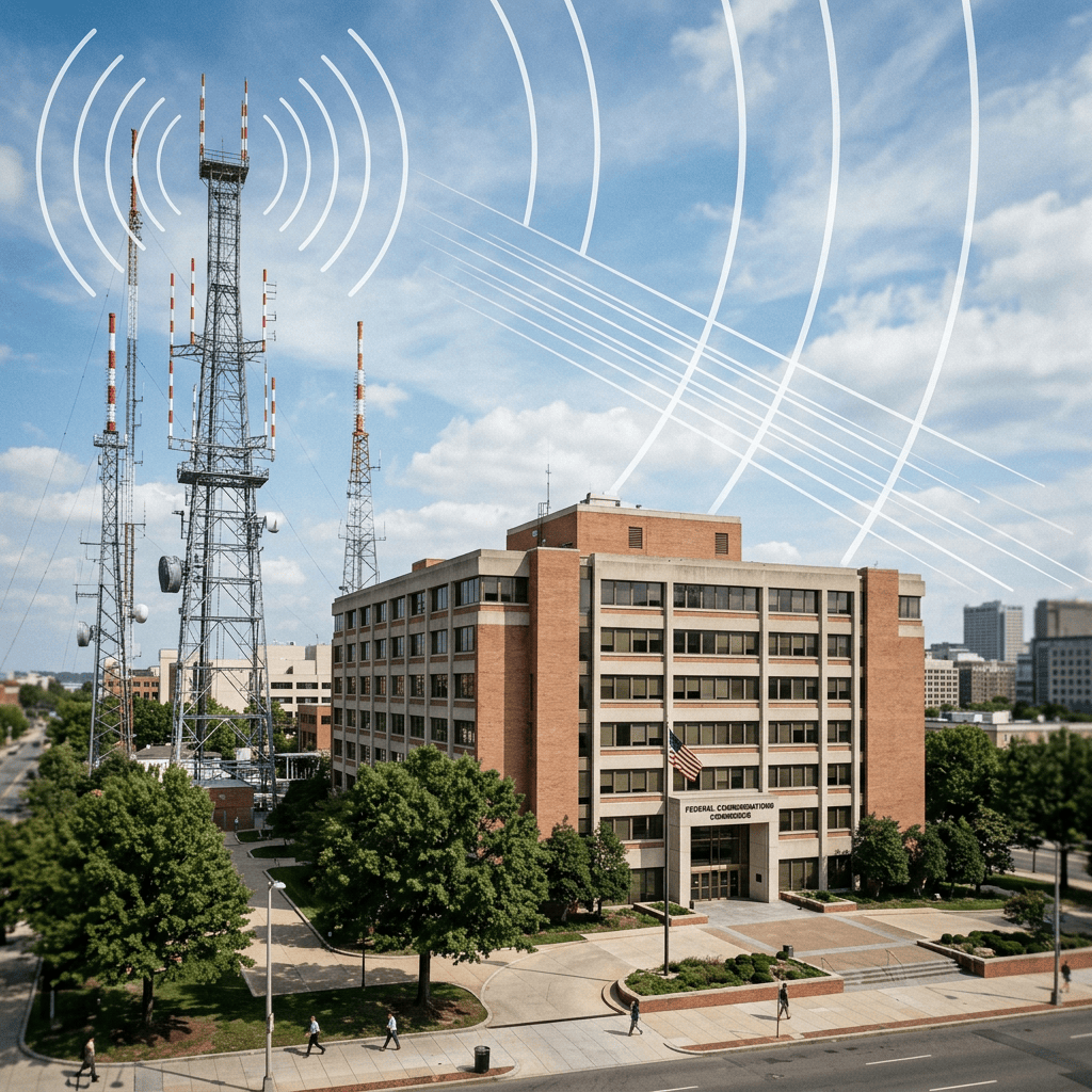 Federal Communications Commission building next to communication towers with signal waves