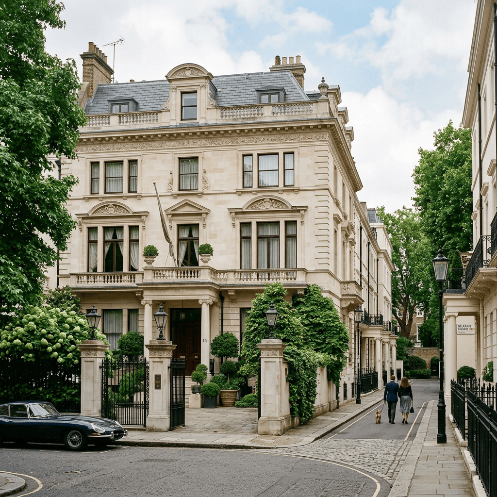 Elegant three-story London townhouse with ornate architecture and vintage car outside