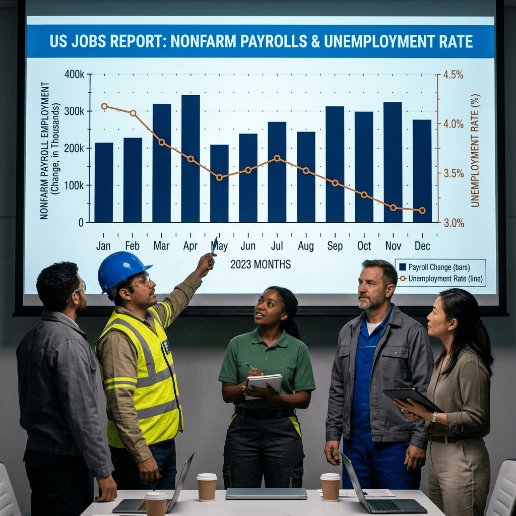 Graph of 2023 US nonfarm payroll employment changes and unemployment rates with team reviewing data