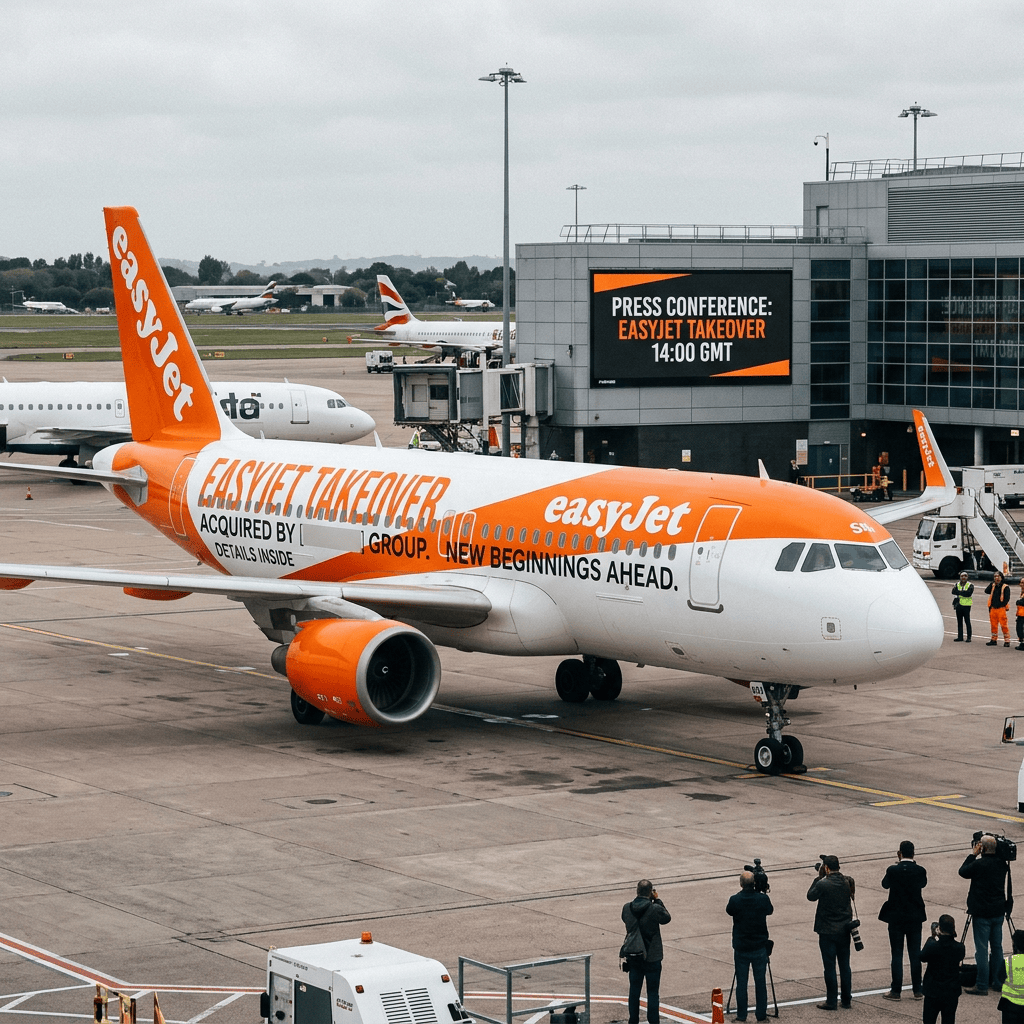 EasyJet airplane with corporate takeover announcement
