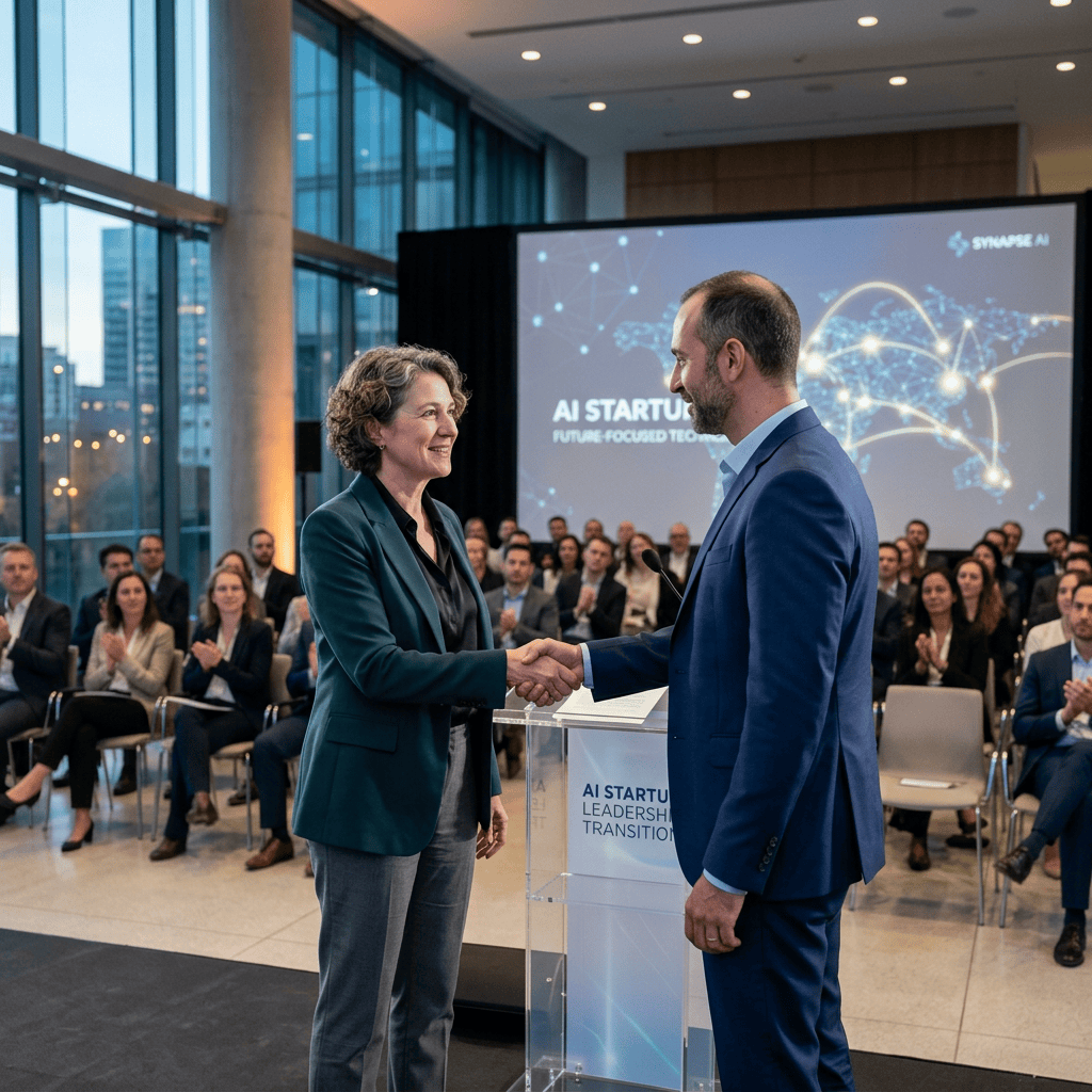 Two business leaders shake hands before an audience beneath an AI startup presentation
