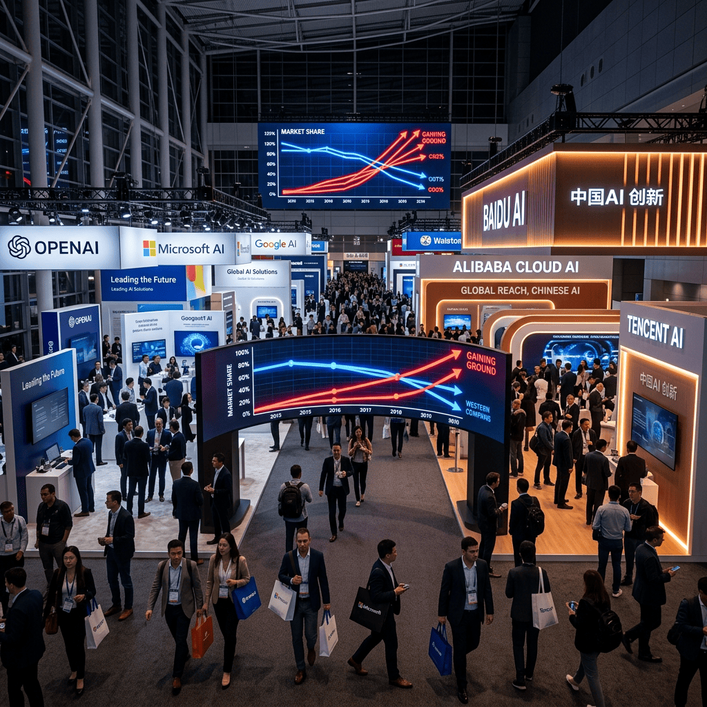 Crowded AI trade show featuring global technology company booths and market charts
