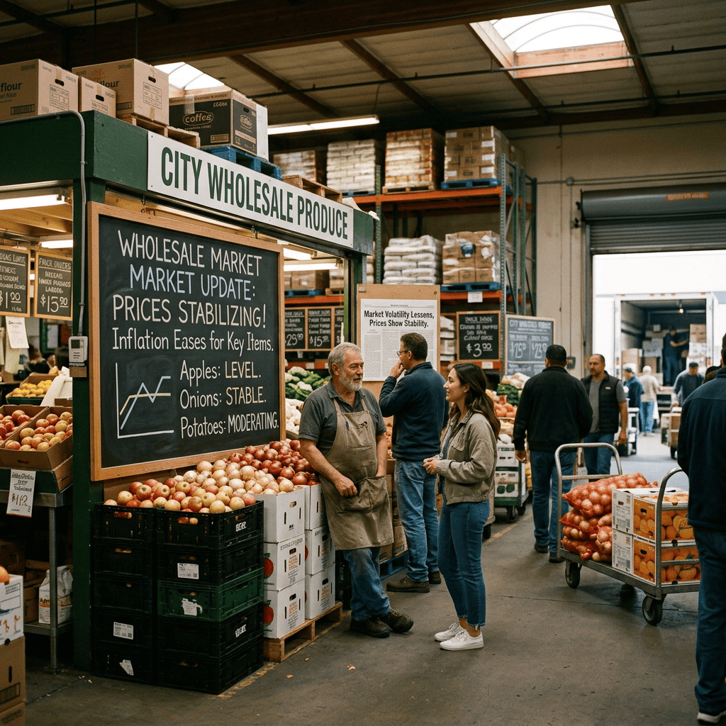 Wholesale produce market with sign reading “Market Update: Prices Stabilizing!”