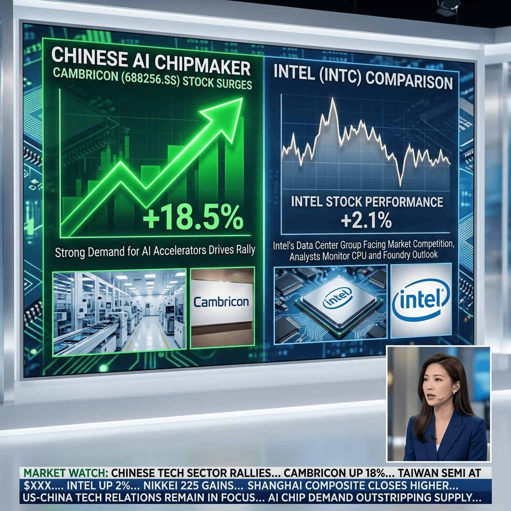 Market graphic text: CHINESE AI CHIPMAKER; CAMBRICON (688256.SS) STOCK SURGES; +18.5%; Strong Demand for AI Accelerators Drives Rally; INTEL (INTC) COMPARISON; INTEL STOCK PERFORMANCE +2.1%; Intel's Data Center Group Facing Market Competition, Analysts Monitor CPU and Foundry Outlook; MARKET WATCH: CHINESE TECH SECTOR RALLIES... CAMBRICON UP 18%... TAIWAN SEMI AT $XXX... INTEL UP 2%... NIKKEI 225 GAINS... SHANGHAI COMPOSITE CLOSES HIGHER... US-CHINA TECH RELATIONS REMAIN IN FOCUS... AI CHIP DEMAND OUTSTRIPPING SUPPLY...