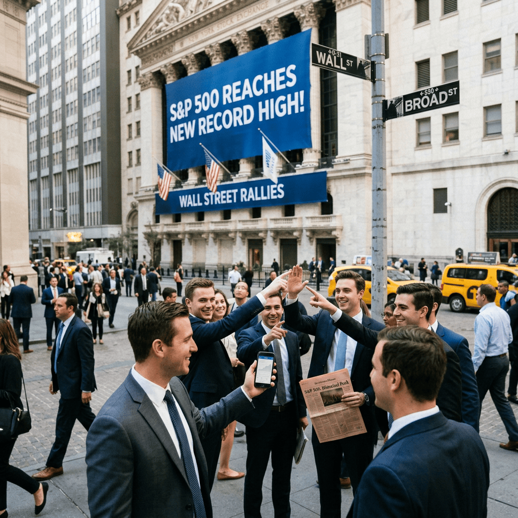 Professionals celebrate beneath signs reading “S&P 500 reaches new record high!” and “Wall Street rallies” on Wall Street.