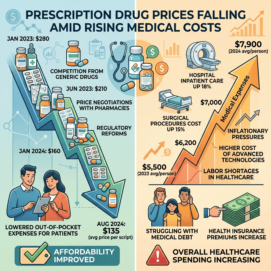 Infographic comparing falling prescription prices with rising medical costs and healthcare spending