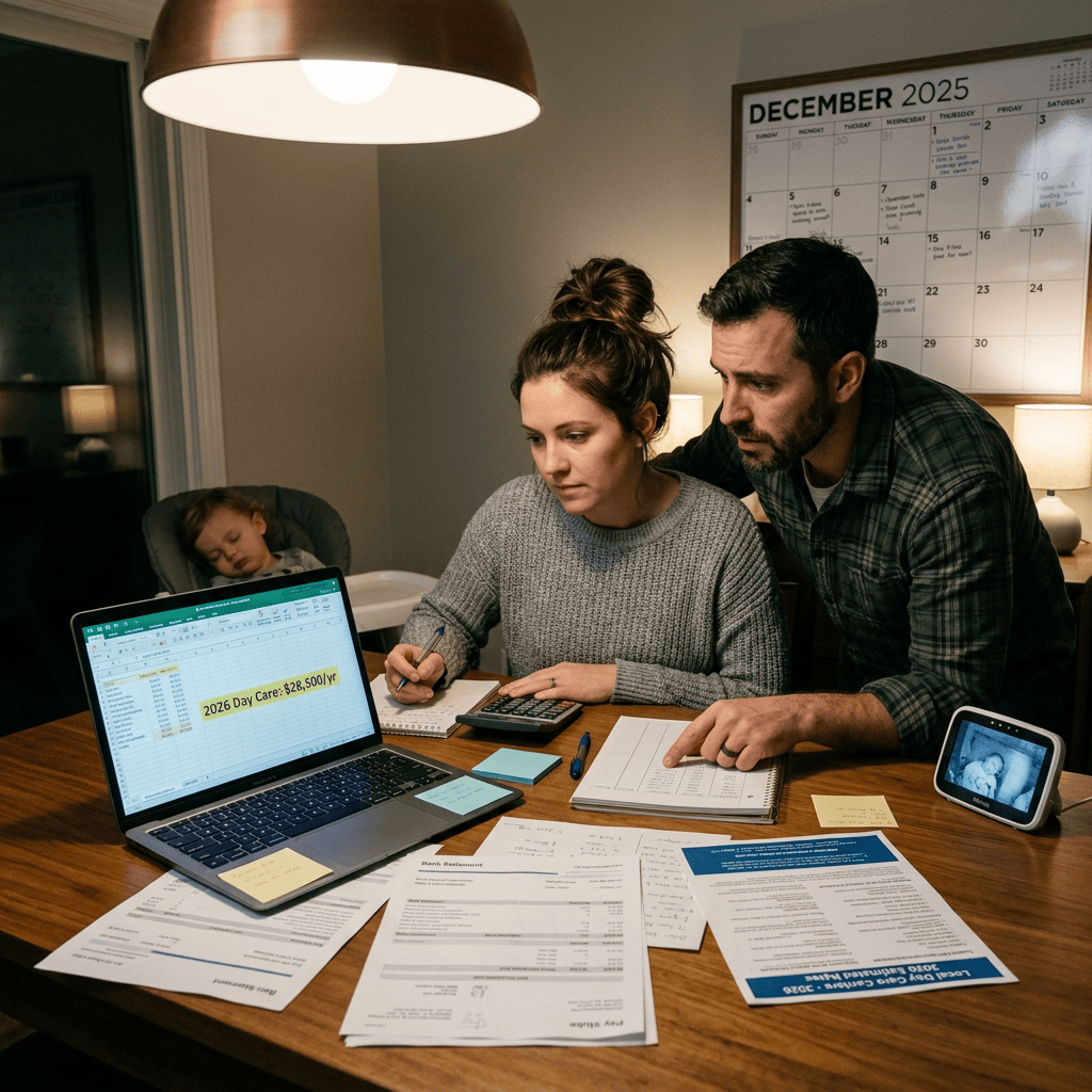 Parents reviewing paperwork beside laptop labeled “2026 Day Care: $28,500/yr”; sleeping child nearby