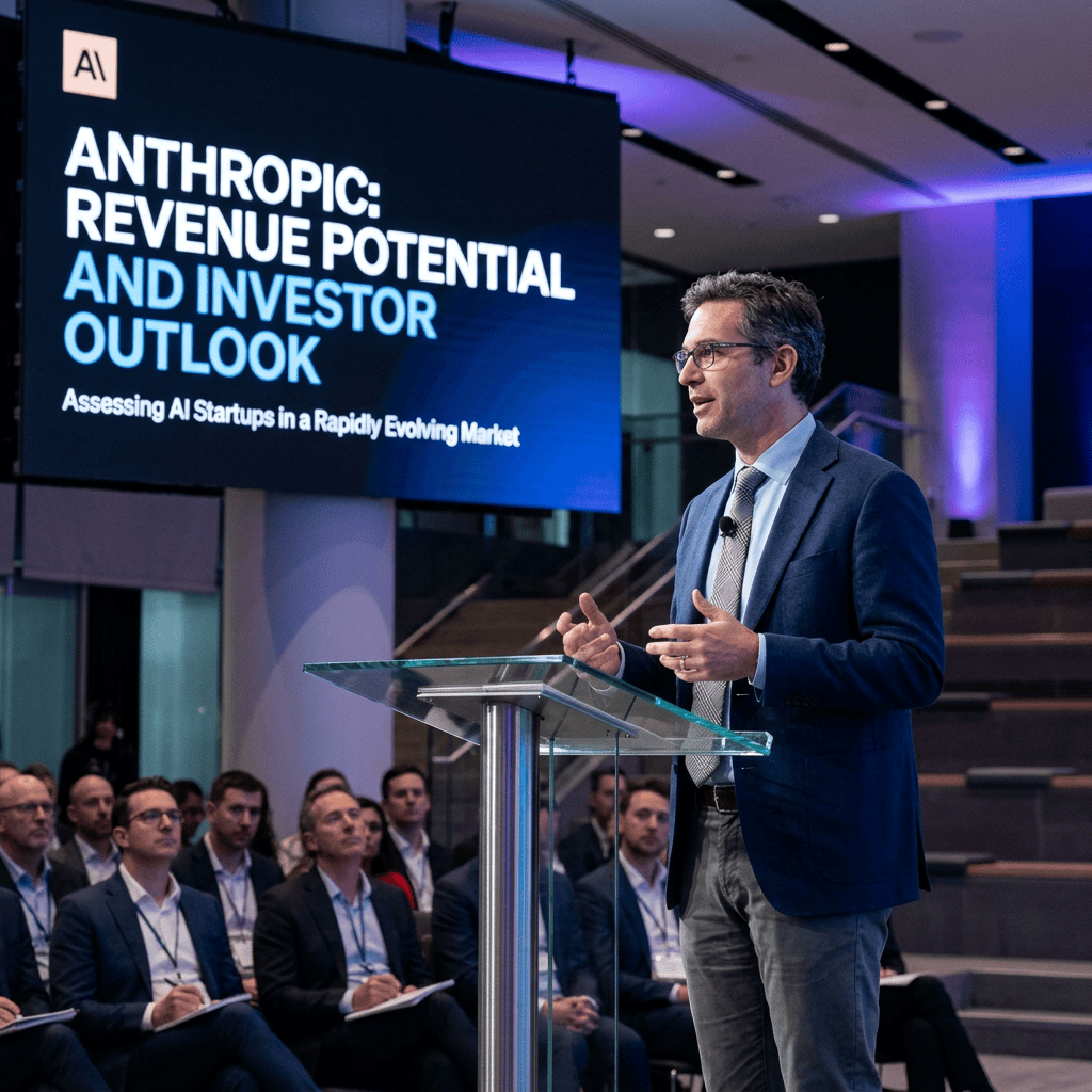 Presentation slide reading “AI,” “ANTHROPIC: REVENUE POTENTIAL AND INVESTOR OUTLOOK,” and “Assessing AI Startups in a Rapidly Evolving Market,” beside a speaker at a lectern.