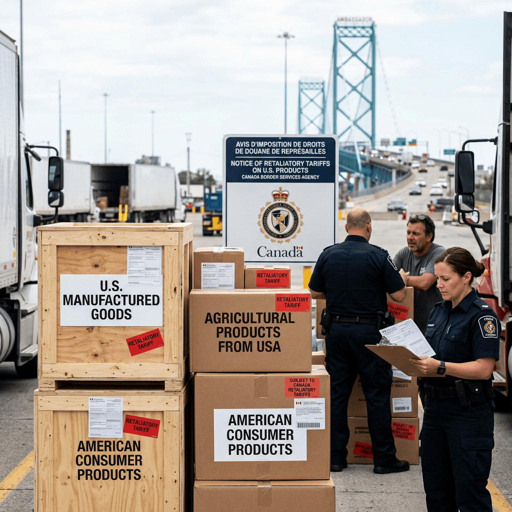 Border officers inspect tariff-labeled U.S. goods at a Canadian crossing