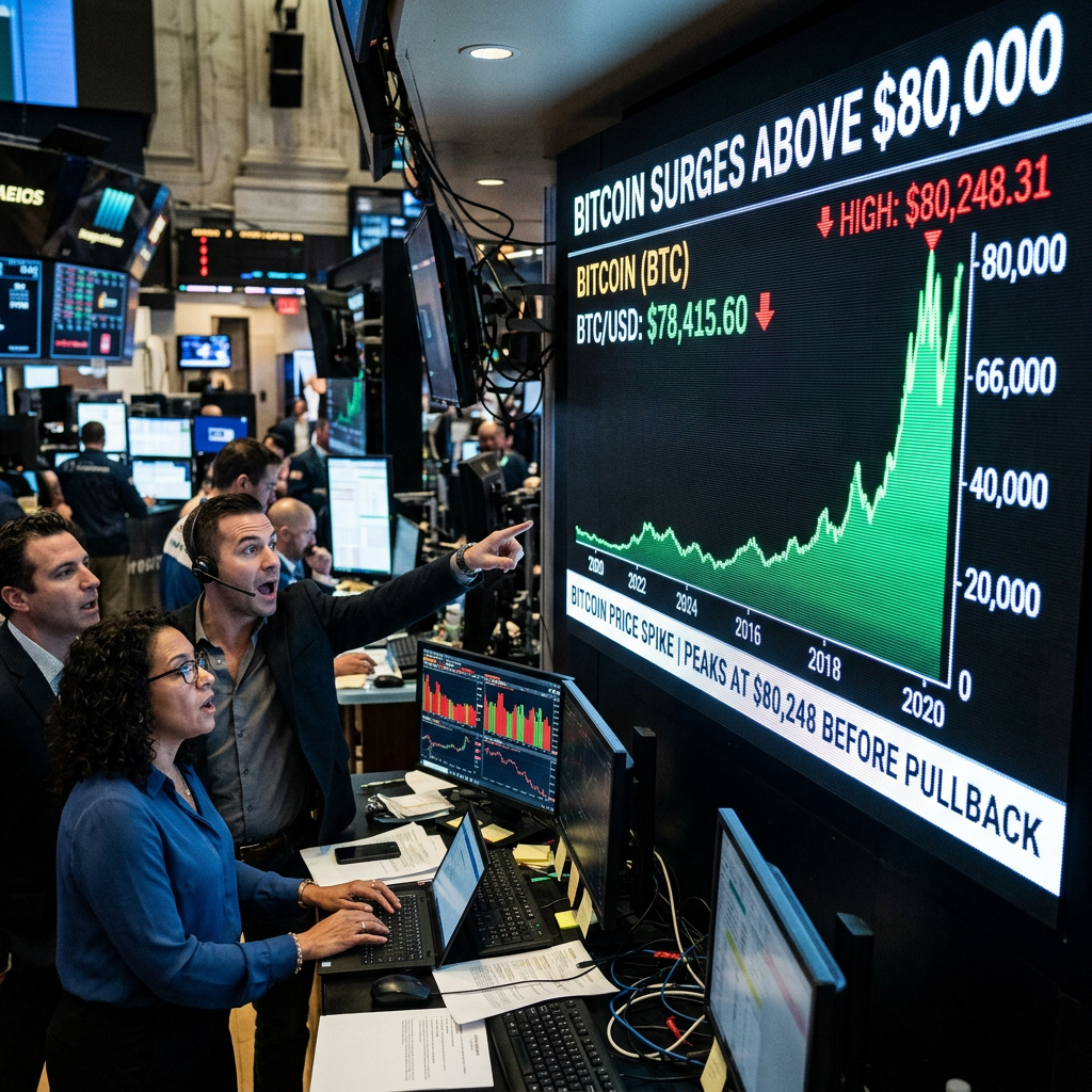 Trading floor with Bitcoin surge display reading above $80,000 and chart