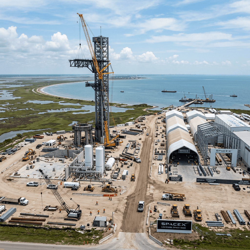Aerial view of SpaceX Louisiana Space Base under construction