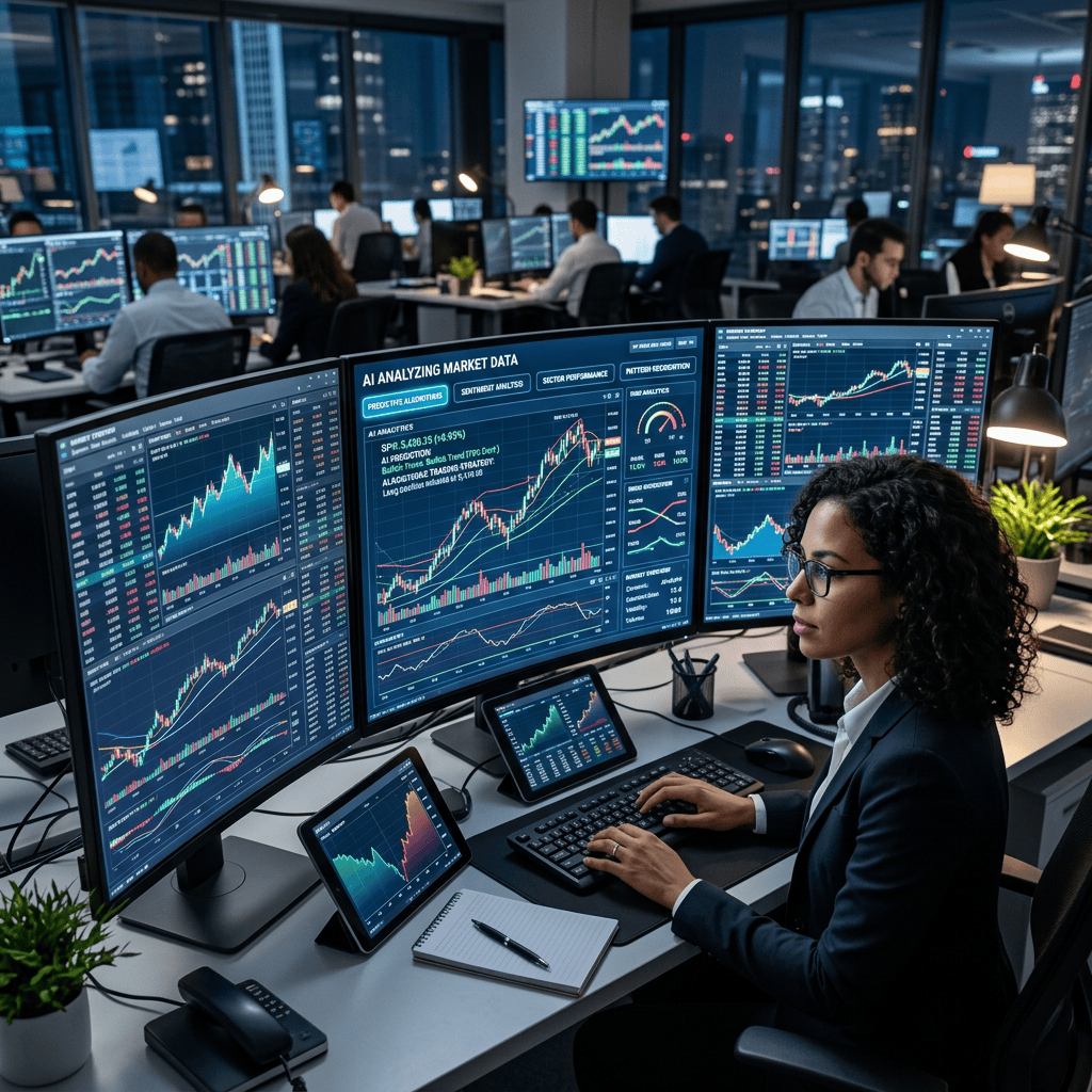 Analyst monitors market charts beneath text reading AI ANALYZING MARKET DATA