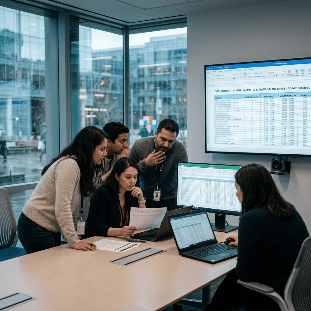 Five colleagues reviewing confidential AI salary data labeled leaked data and do not distribute