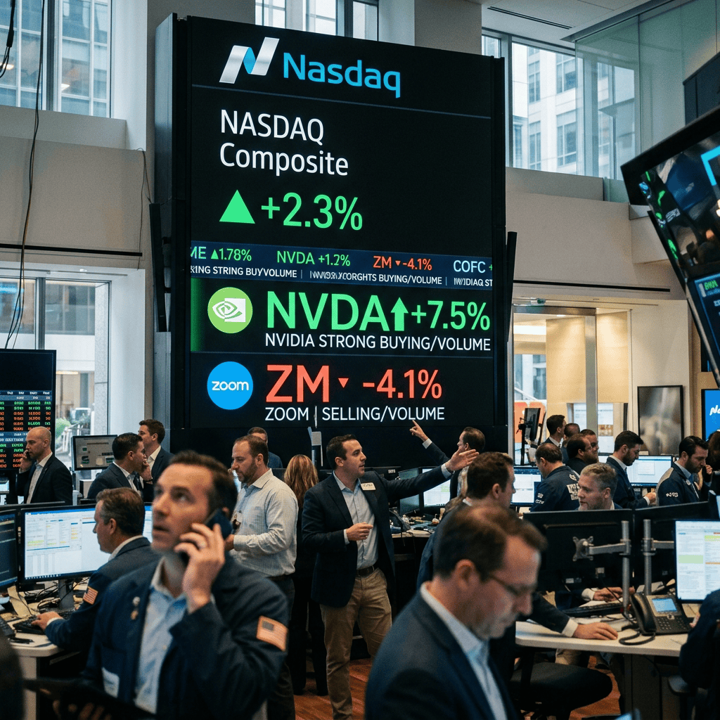 Nasdaq display shows Composite up 2.3%, NVDA up 7.5%, and ZM down 4.1%.