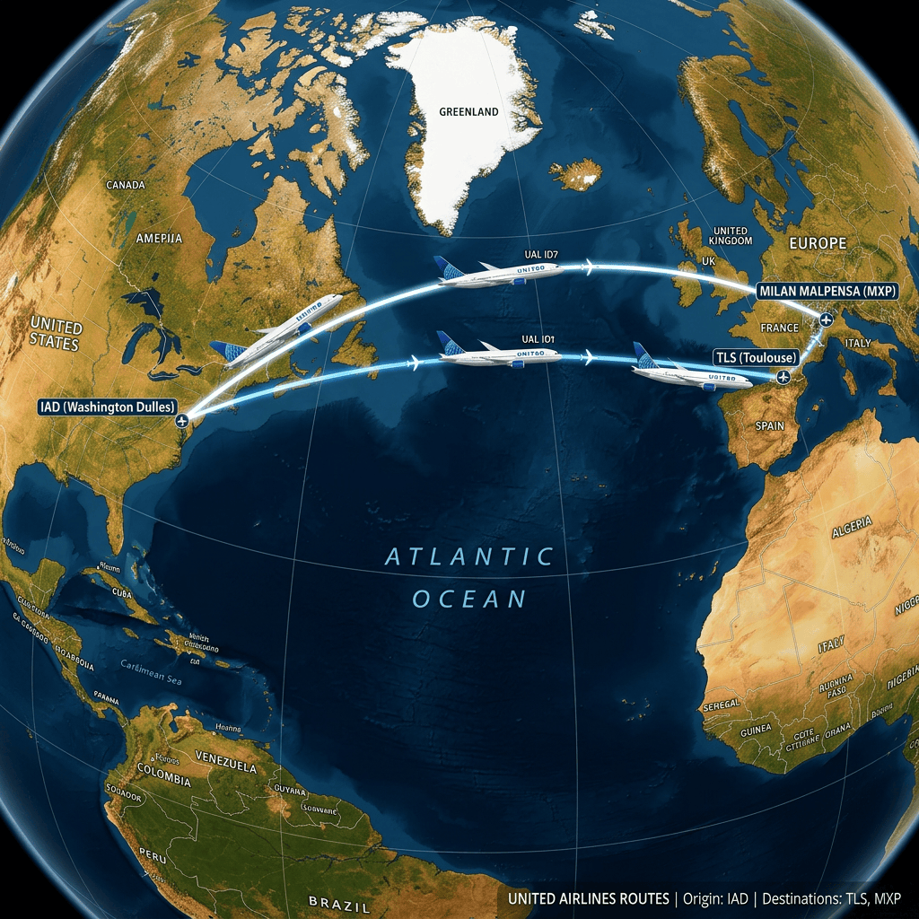 United Airlines routes from Washington Dulles to Toulouse and Milan