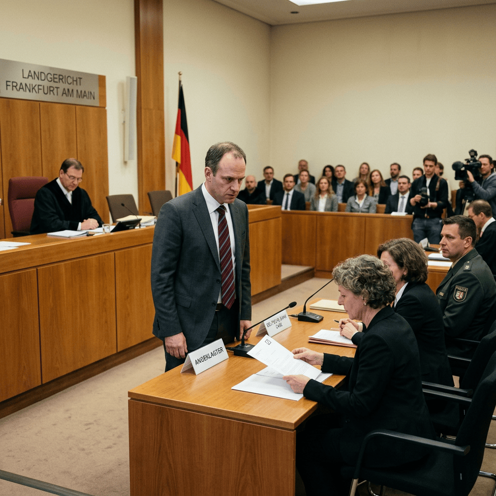 Defendant standing before a judge in Frankfurt Regional Court
