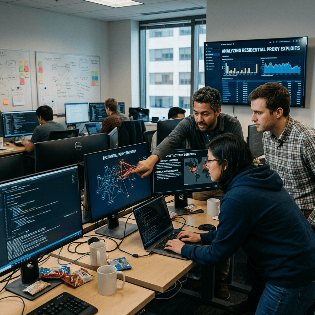 Analysts reviewing residential proxy network charts and code in an office
