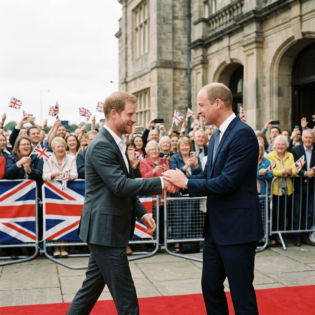 Two men in suits shake hands before a crowd waving British flags
