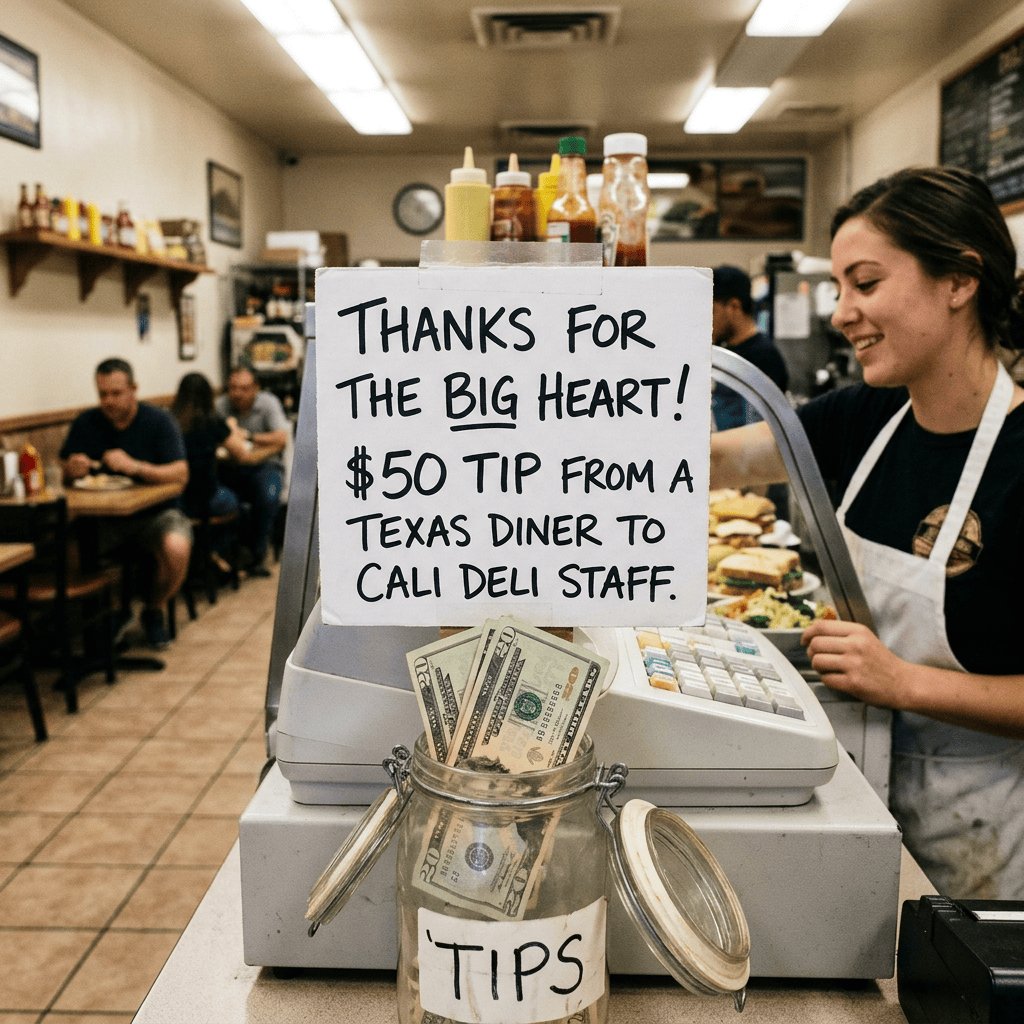 Sign thanking customers for a $50 tip to Calli Deli staff beside a tip jar