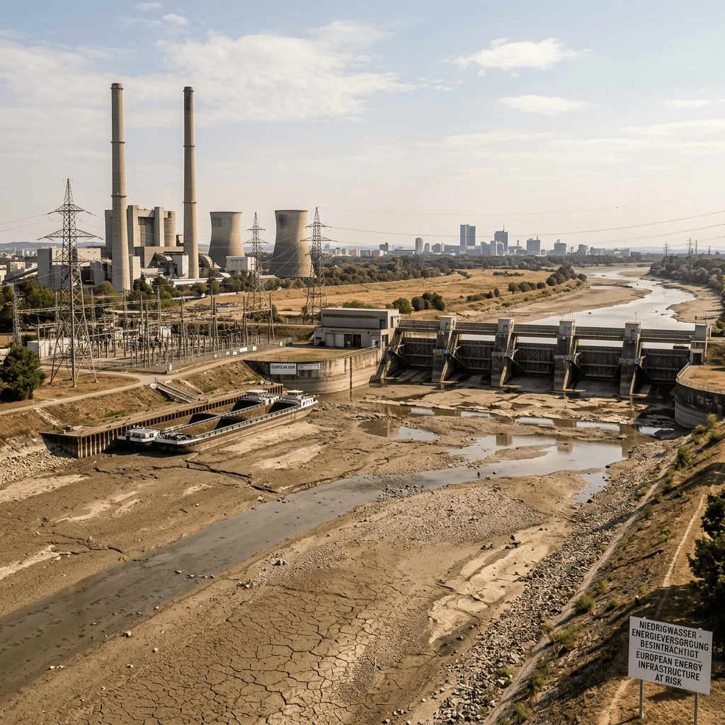 Drought-stricken river, power plant, dam, barge, and sign reading “NIEDRIGWASSER- ENERGIEVERSORGUNG BEEINTRÄCHTIGT” and “EUROPEAN ENERGY INFRASTRUCTURE AT RISK.”