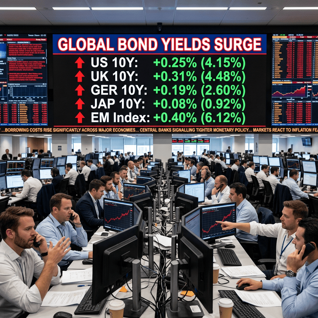 Trading floor beneath “GLOBAL BOND YIELDS SURGE” showing US, UK, German, Japanese, and emerging-market increases.