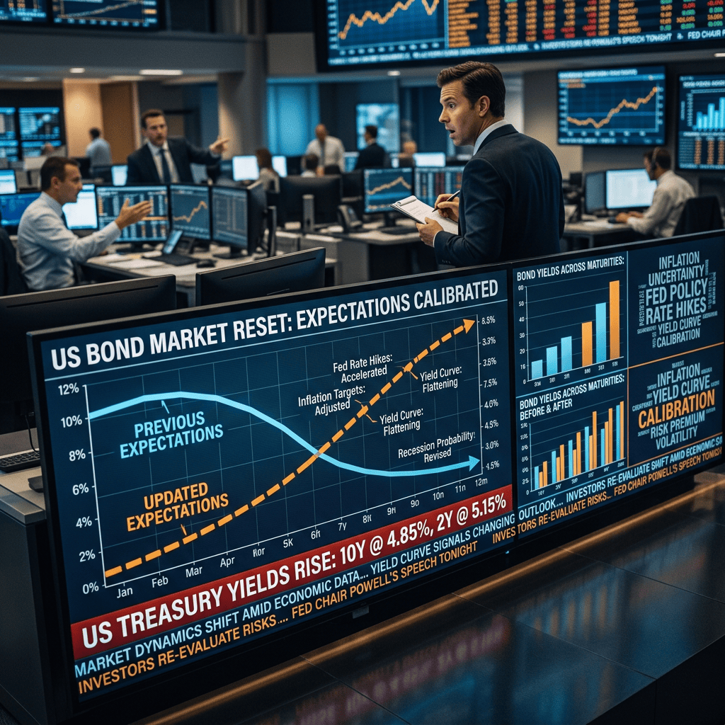Trading room display showing US bond market reset, rising Treasury yields, and Fed rate changes