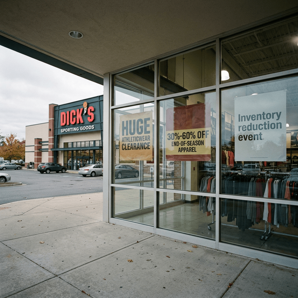 Dick's Sporting Goods storefront with clearance and inventory reduction sale signs