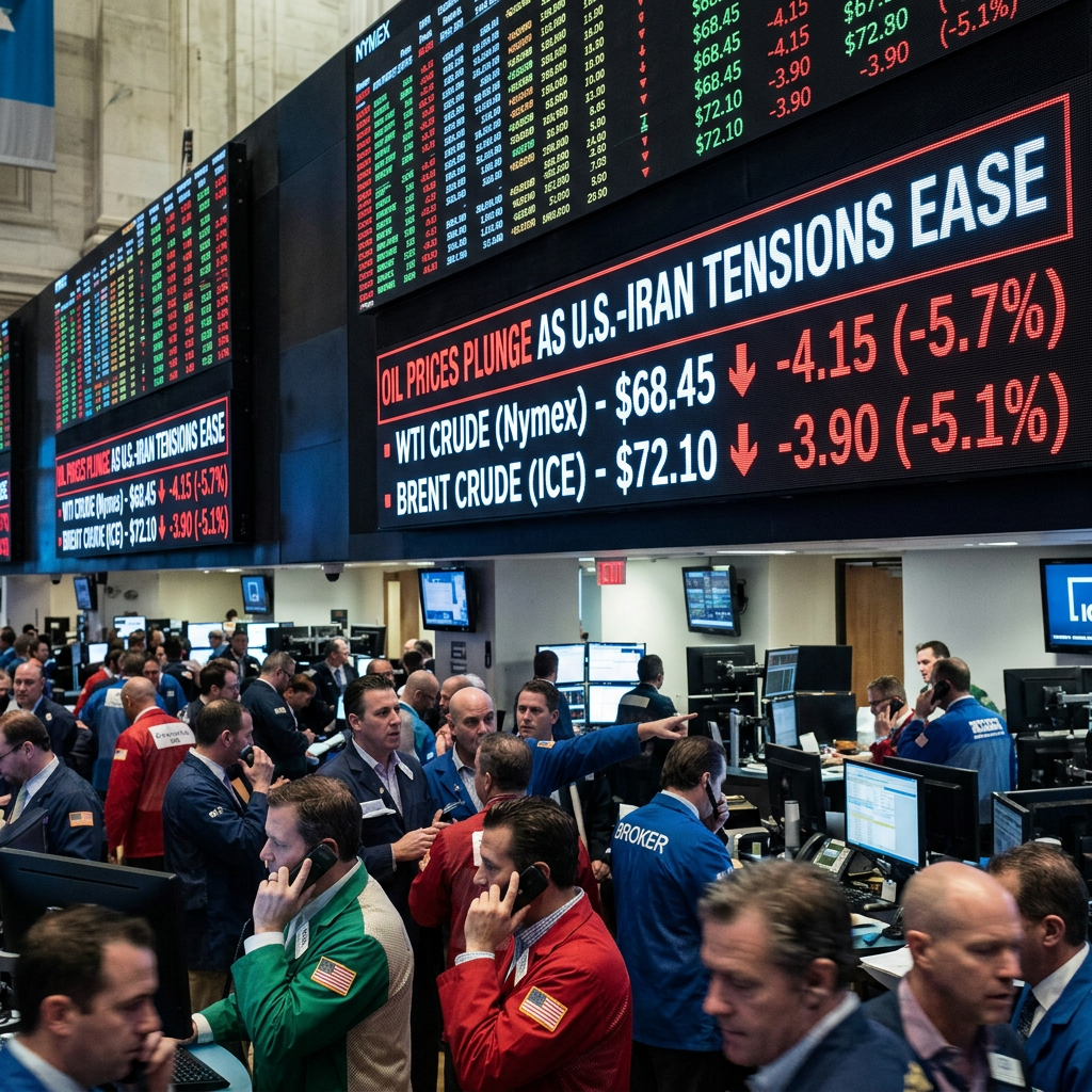 Busy trading floor with boards reading oil prices plunge as U.S.-Iran tensions ease; WTI $68.45, Brent $72.10
