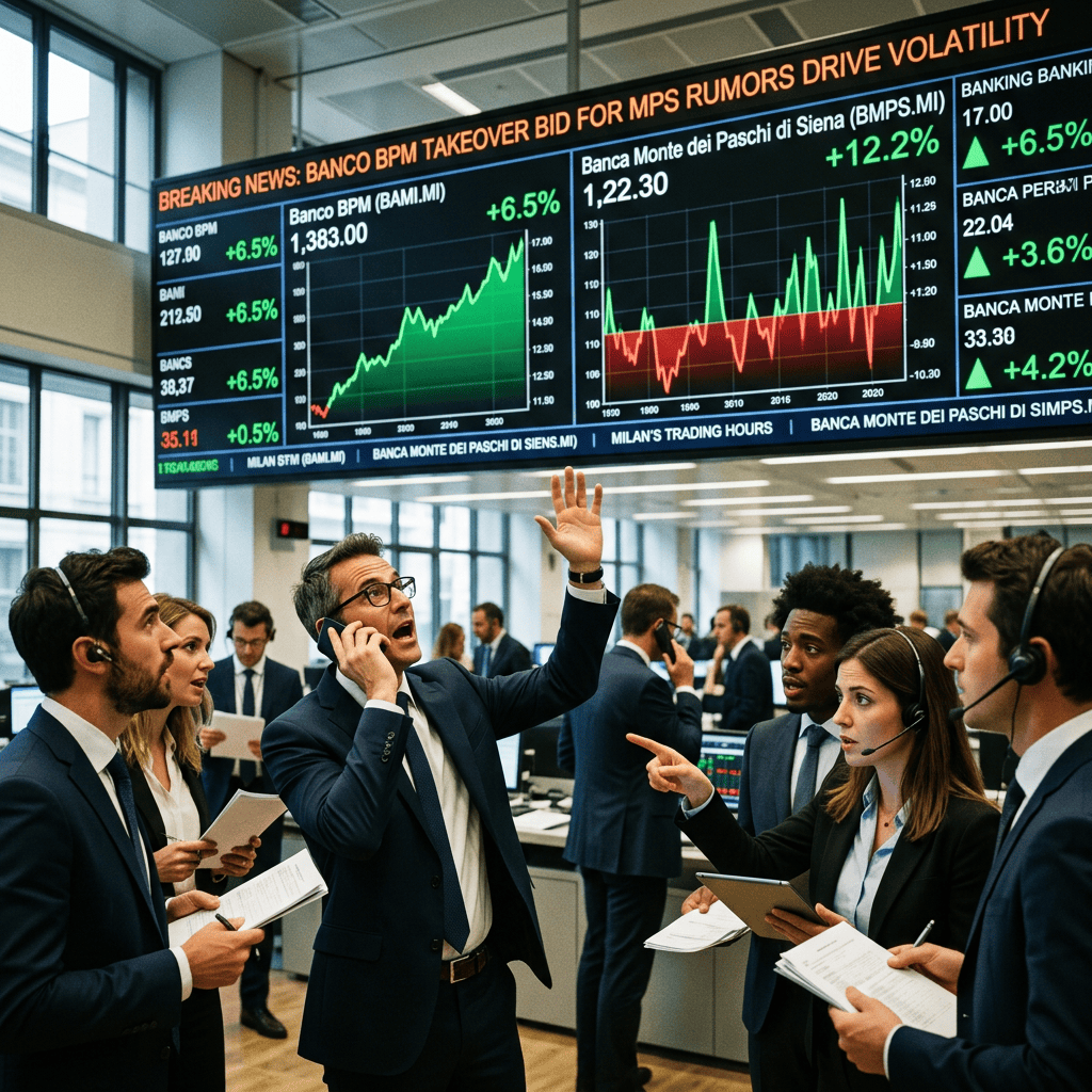 Traders react beneath stock boards reporting banking takeover rumors and rising prices