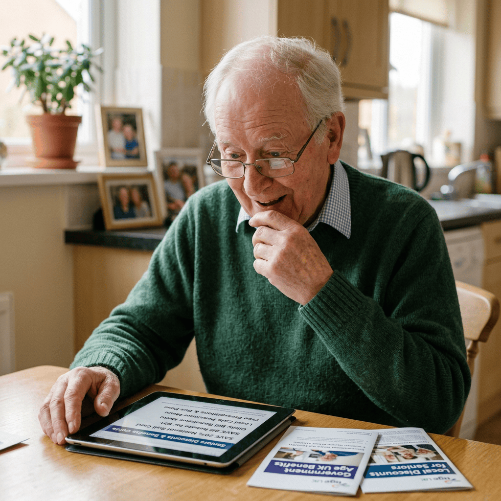 Older man reading dementia care information on a tablet and brochures