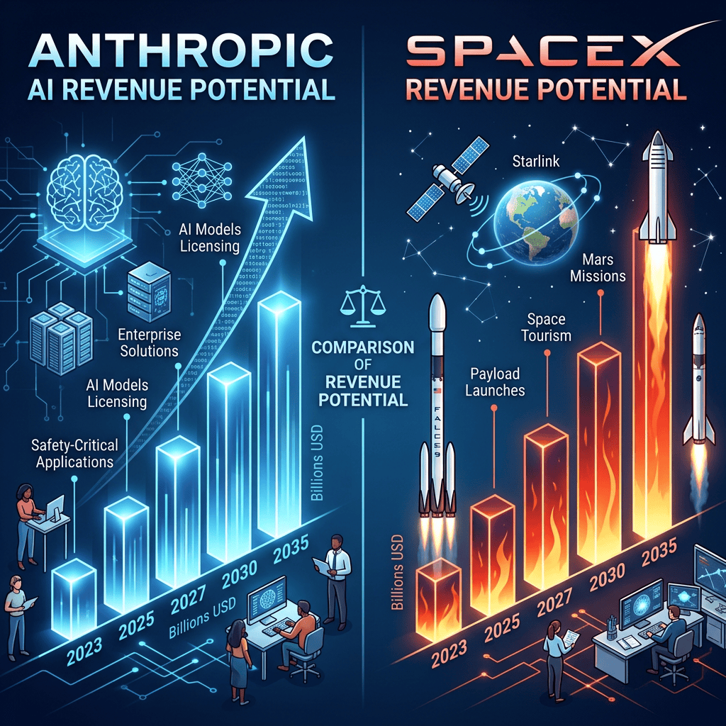 Infographic comparing Anthropic and SpaceX revenue potential through 2035