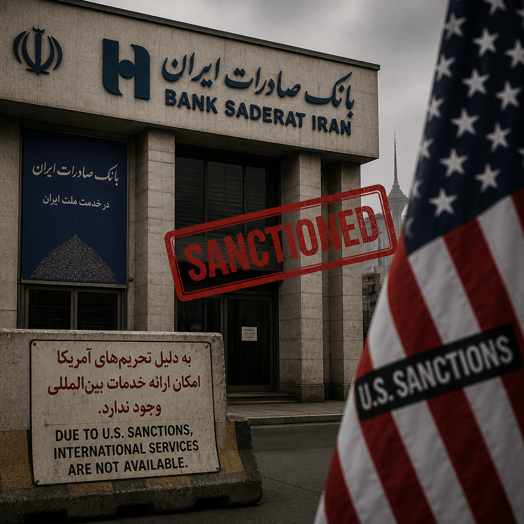 Bank Saderat Iran building with sanctions warnings and a U.S. flag